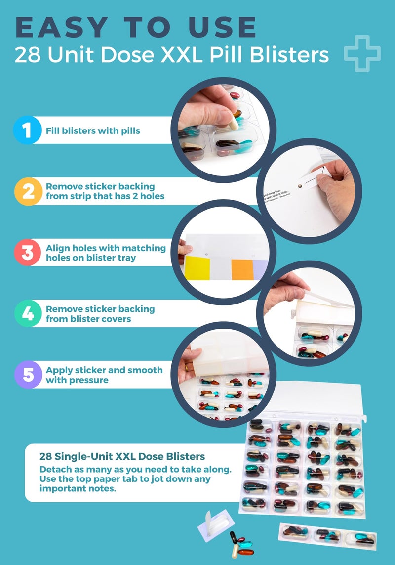 pill thing Cold Seal Medication Blister Cards, 2XL Controlled & Unit Dose Pill Packaging System 6 Pack, Color Coded, Easy Perforated Separation, No Sealing Equipment Needed - Image 2